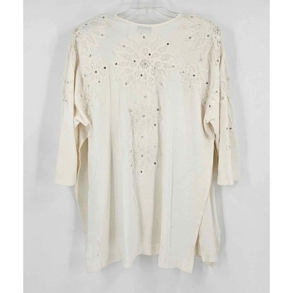 Vintage Pehles 3/4 Sleeve White Sequin Designed Cardigan Open Front w/Splits XL - Picture 2 of 6
